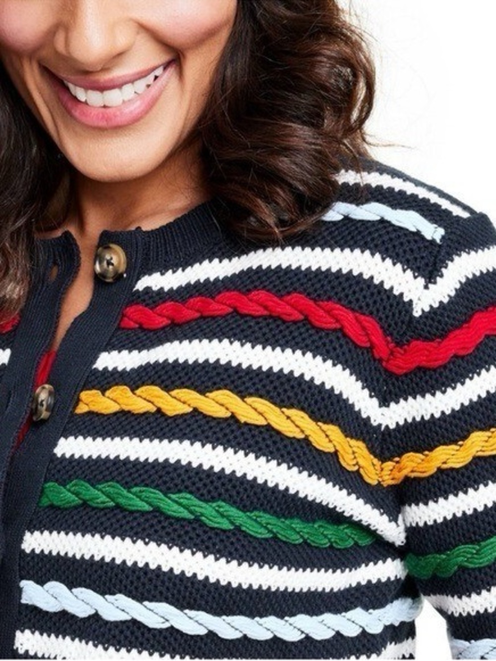 La Ligne Navy Striped Cable-Knit Cardigan with Red, Green & Yellow Accents - Picture 3 of 7